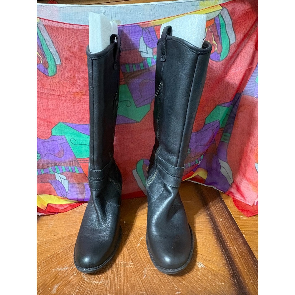 Born Black Leather Tall Knee High Buckle Block Heel Boots Womens